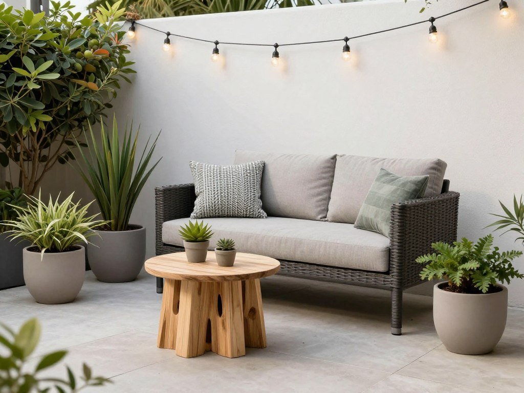 Small patio with mix of quality furniture and budget-friendly accessories