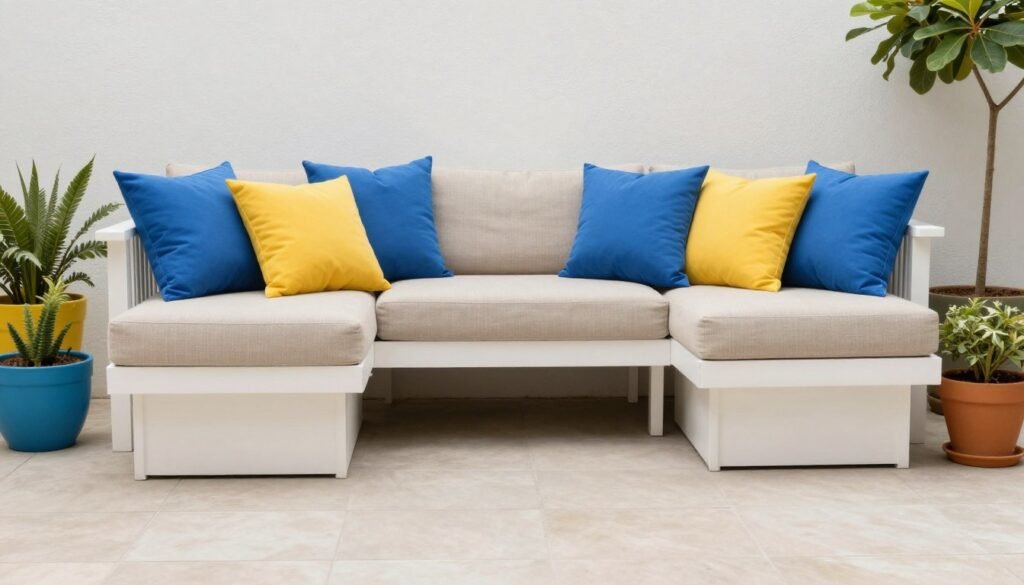 Small patio with neutral base colors and bright accent pillows and planters