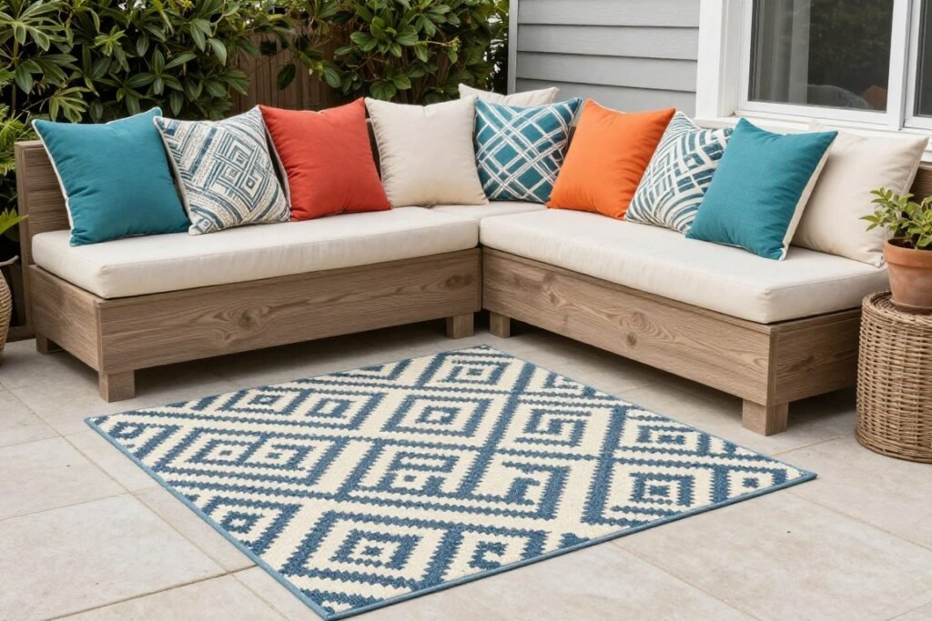 Small patio with outdoor rug, colorful cushions and throw pillows adding comfort and style