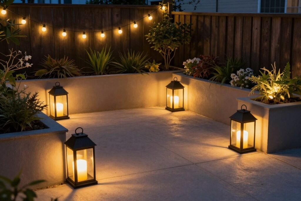 Small patio with solar and battery-powered lighting solutions