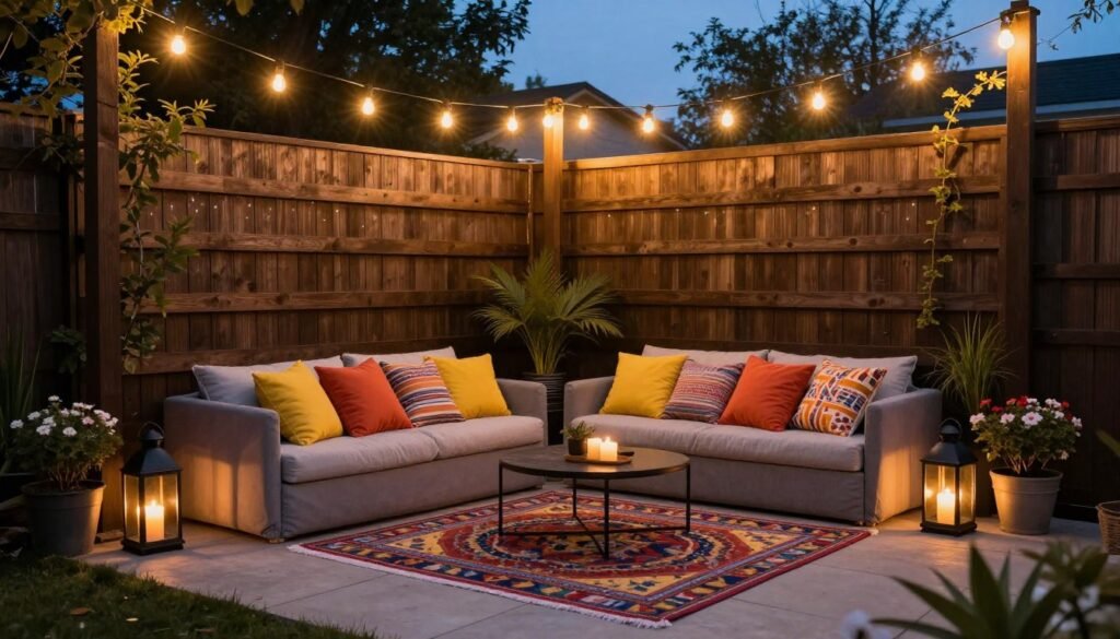 Small patio with string lights, outdoor rug, and colorful accessories creating cozy ambiance