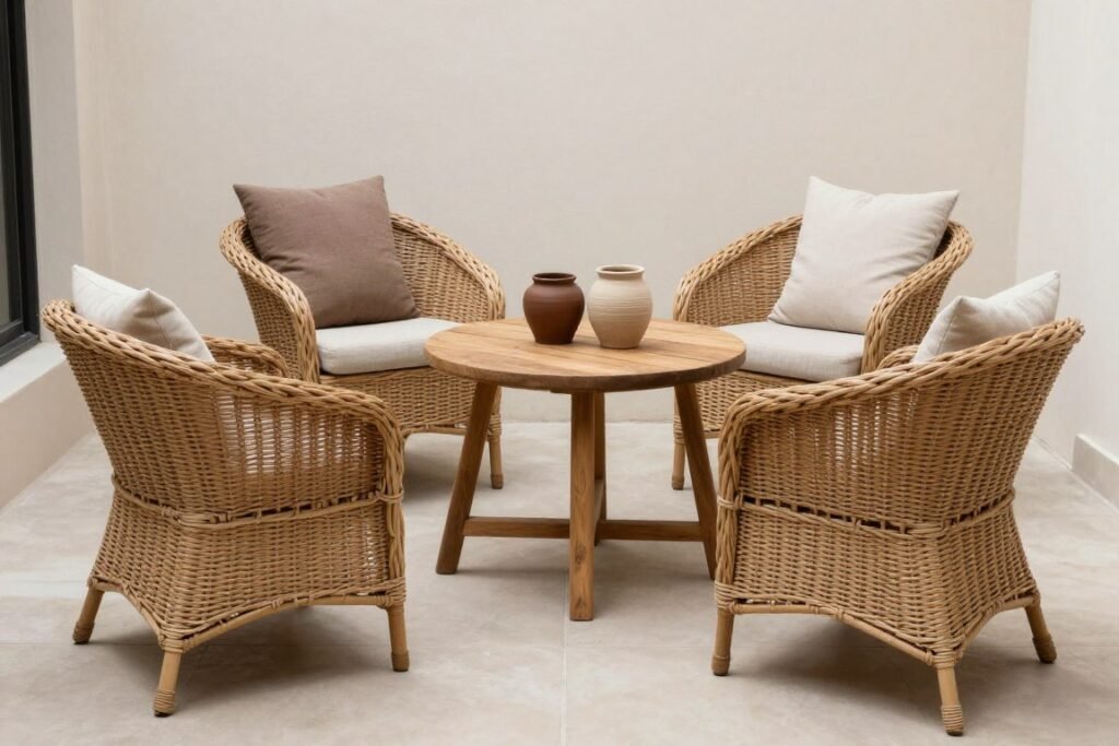 Small patio with textural elements including wicker, wood, and fabric