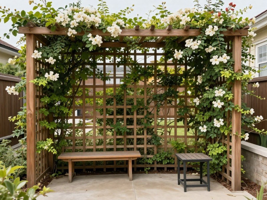 Small patio with trellis privacy screen covered in flowering vines