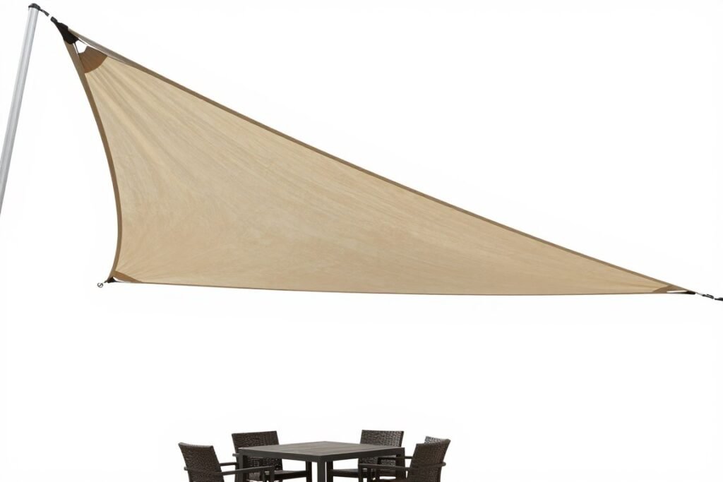 Small patio with triangular sail shade providing sun protection in modern style