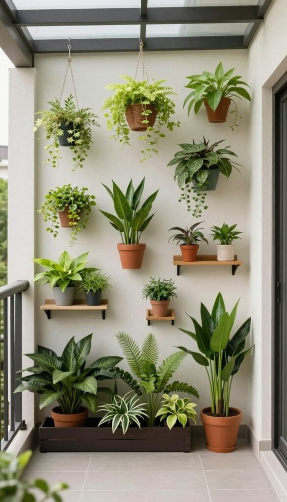 Small patio with vertical garden wall and hanging planters