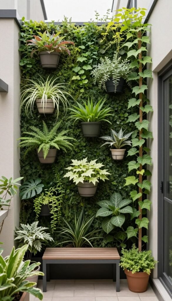 Small patio with vertical gardening elements and hanging planters