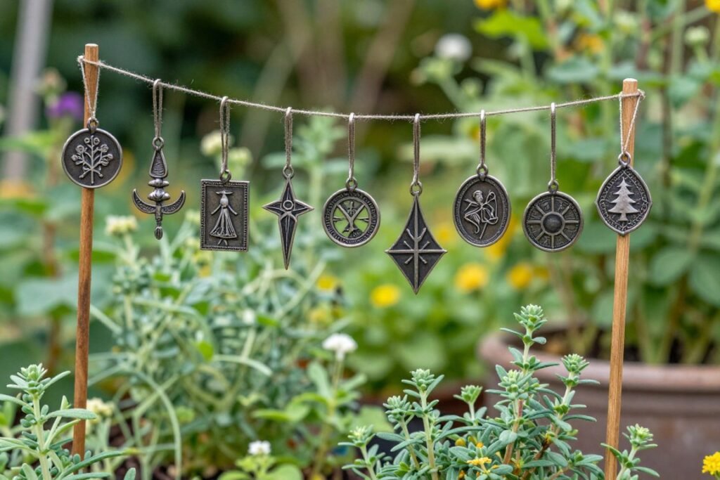 Small protection charms and symbols hanging from garden stakes in a witchy herb garden