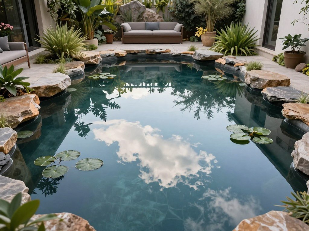 Small reflecting pool in a cozy backyard with water plants and surrounding seating