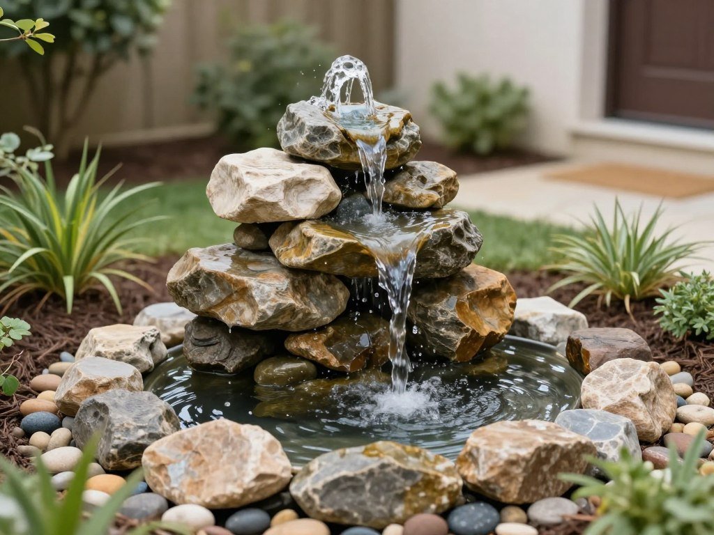 Small rock fountain with circulating water in a garden setting Small rock fountain with circulating water in a garden setting