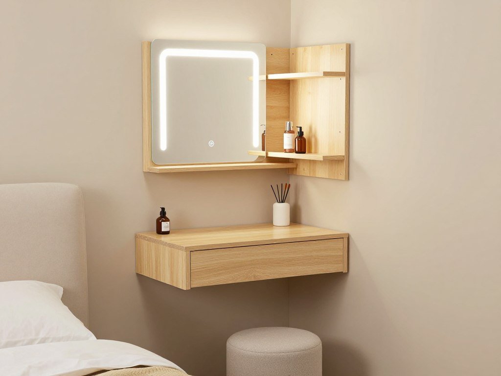 Small space vanity solution in a bedroom corner with smart storage Small space vanity solution in a bedroom corner with smart storage