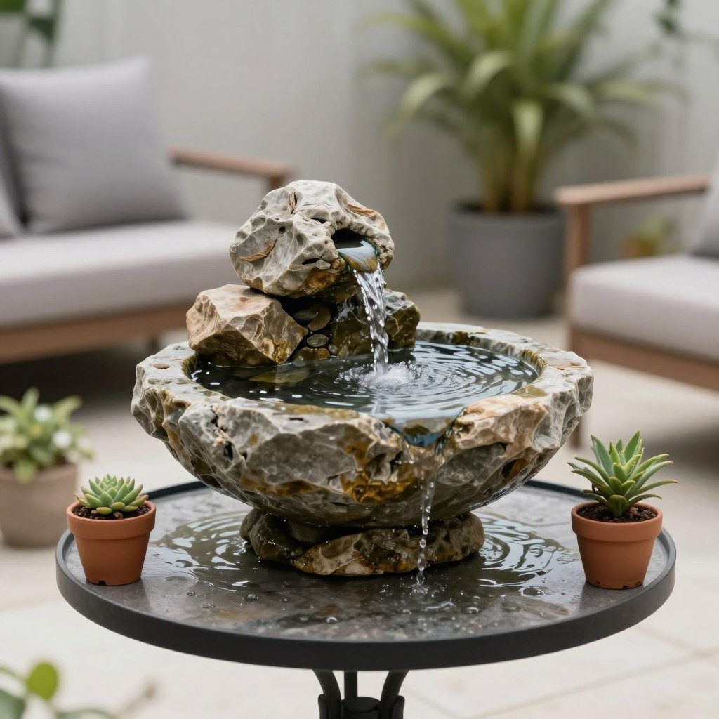 Small tabletop fountain on a cozy backyard side table surrounded by plants