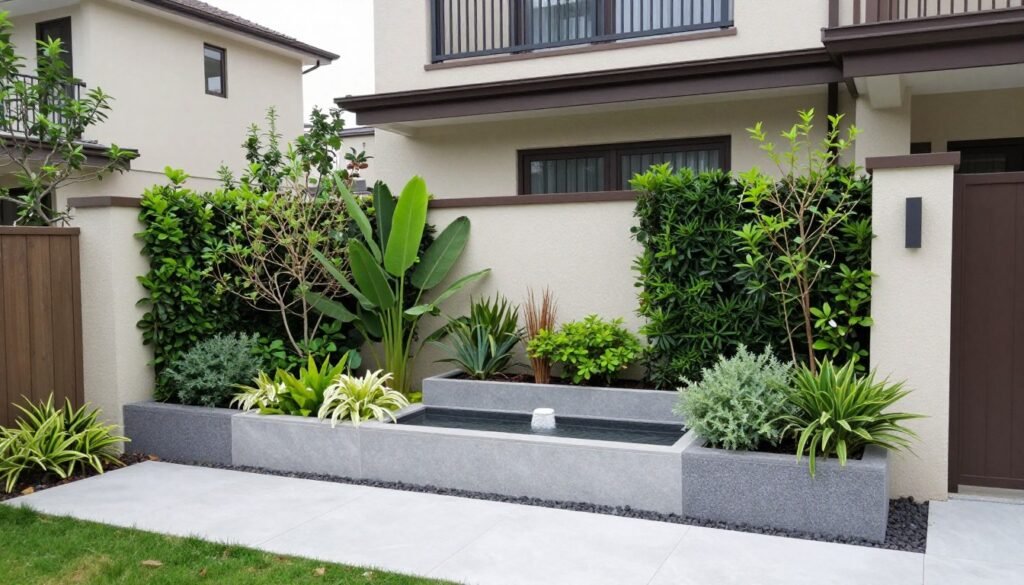 Small townhouse front yard with container gardens, vertical elements, and space-efficient design