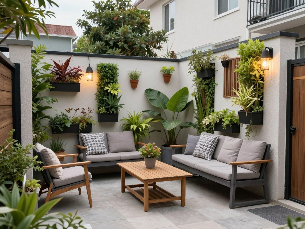 Small urban backyard with multi-functional furniture, vertical plantings, and space-saving design elements
