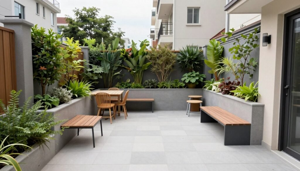 Small urban backyard with smart space-saving design features