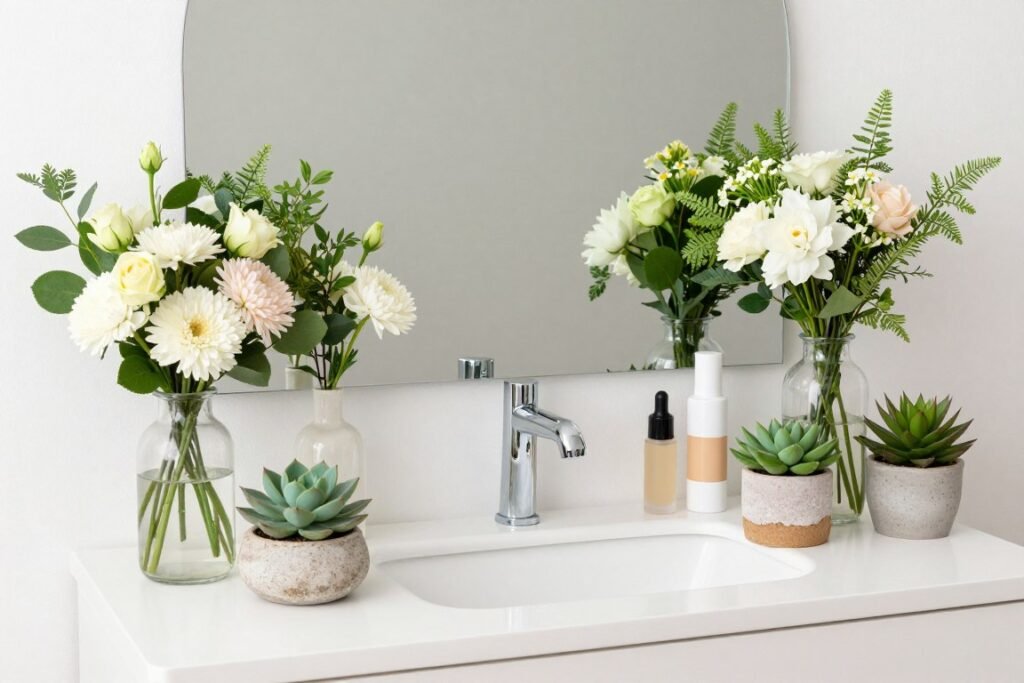 Small vases with fresh flowers and plants on a vanity