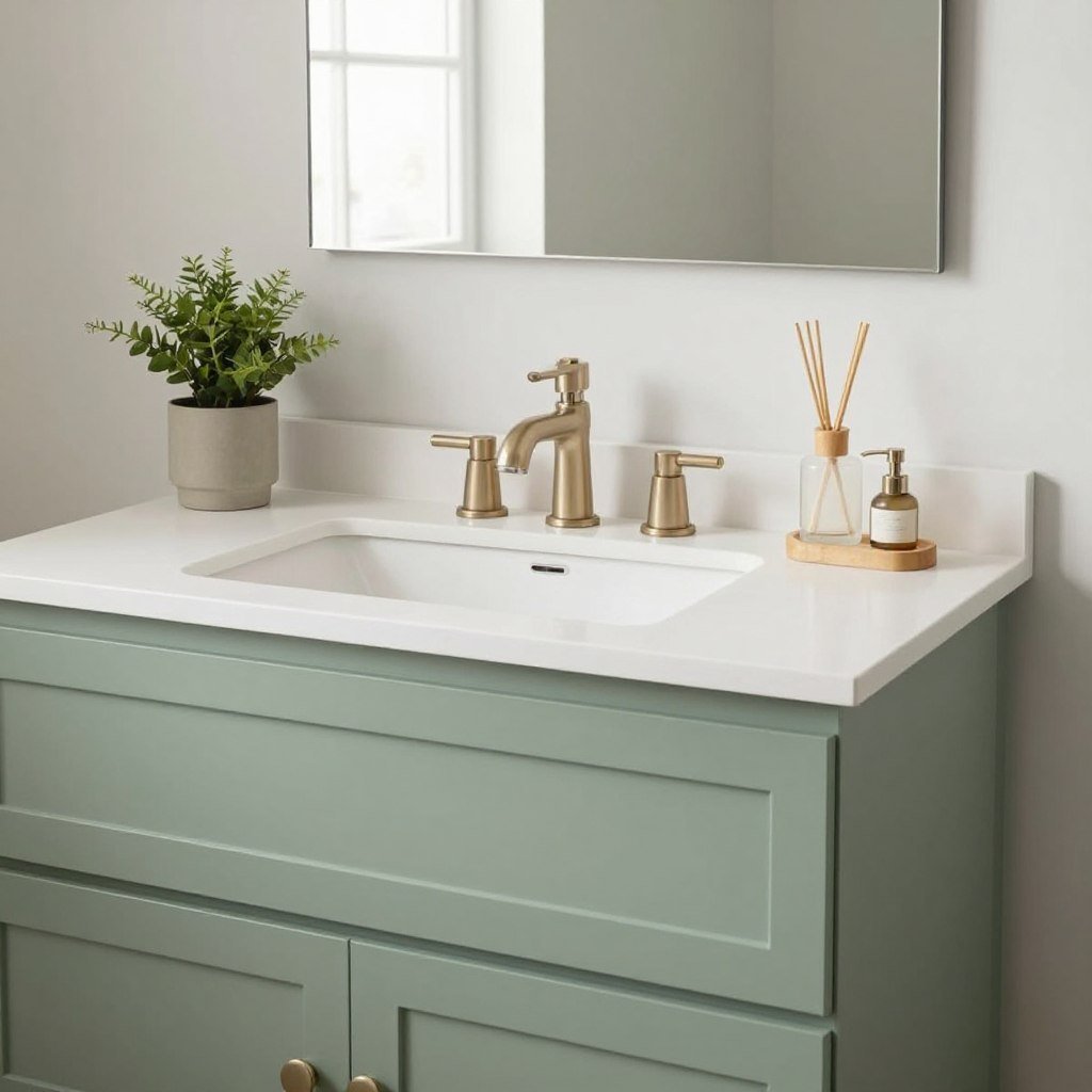 Soft sage green painted bathroom vanity in a calming bathroom space