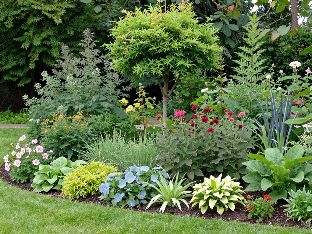 Softscape elements in backyard landscaping designs layout with layered plantings
