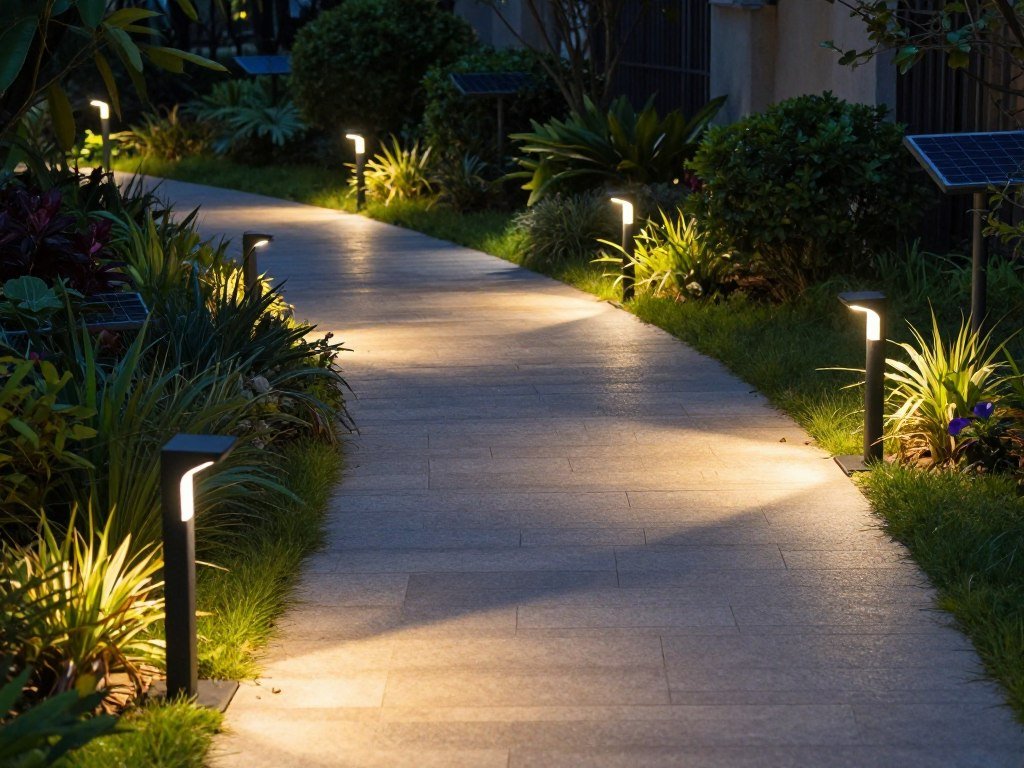 Solar pathway patio lights illuminating a garden walkway