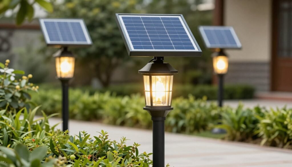 Solar-powered patio lights charging during daytime