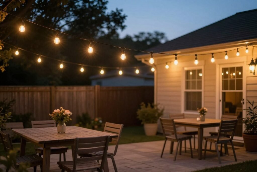 Solar string lights illuminating a backyard patio at dusk