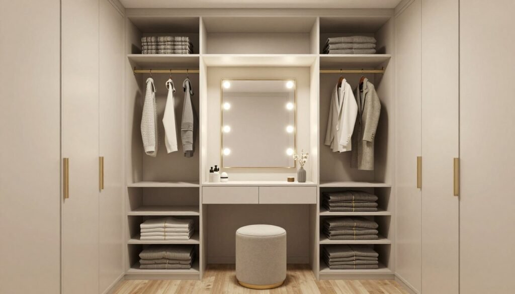 Sophisticated walk-in closet with integrated vanity area, custom lighting, and cohesive design