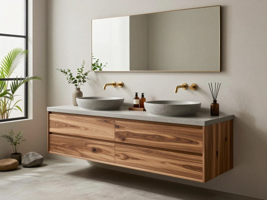 Spa-inspired master bath vanity with natural materials and zen aesthetic