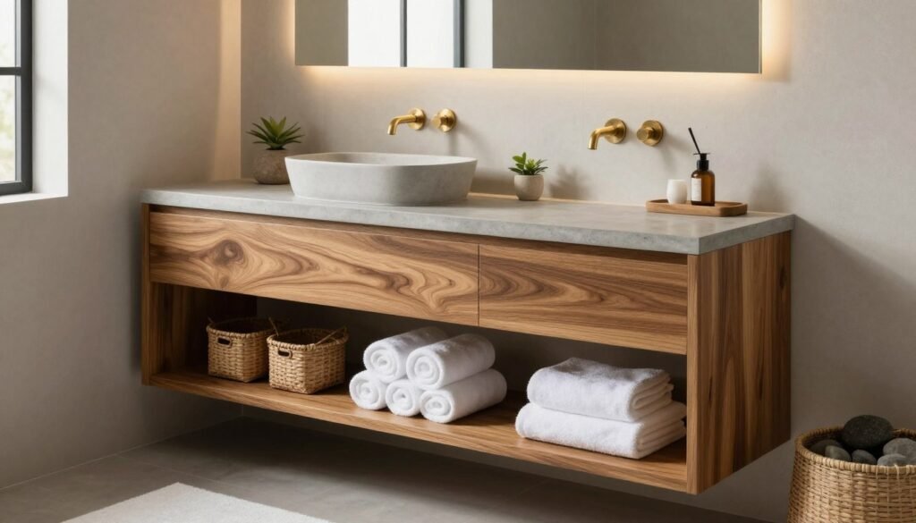 Spa-inspired teak master bath vanity with natural elements