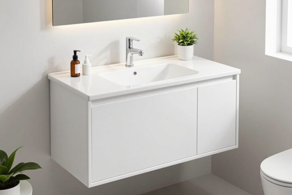 Spa-like bathroom featuring a white vanity with clean lines and minimal accessories