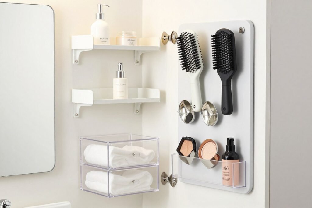 Space-saving vanity organization solutions for small spaces including vertical storage