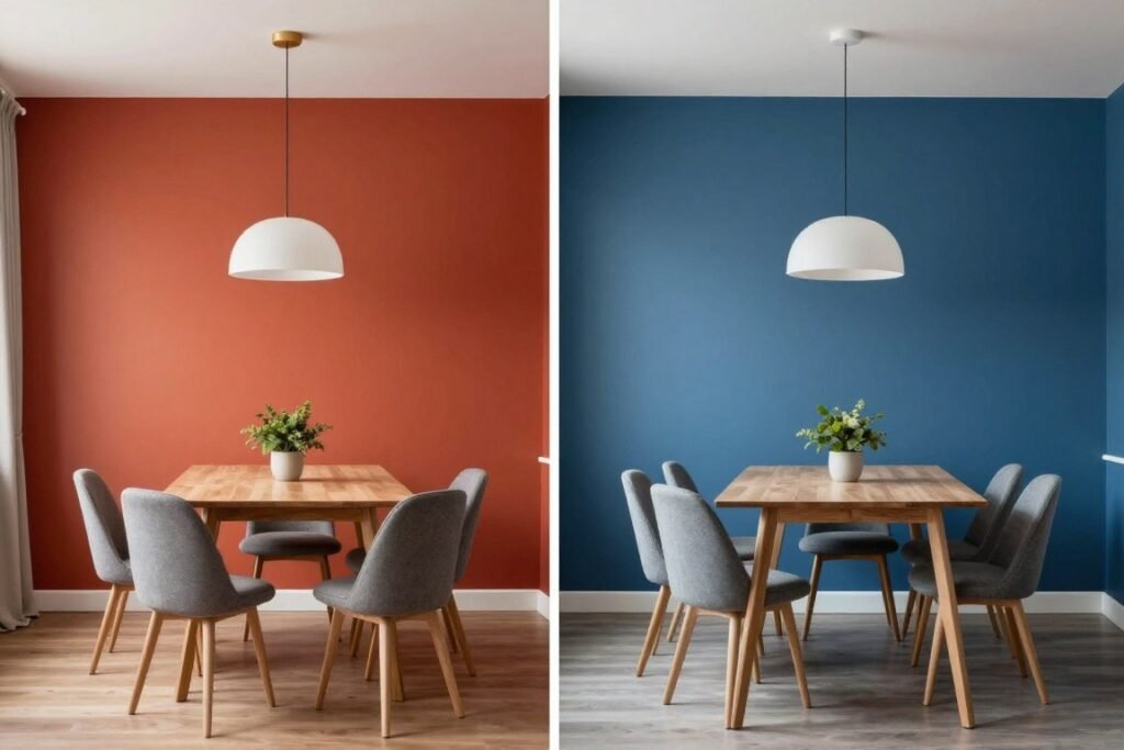 Split image showing dining rooms with different accent wall colors - one warm red creating an energetic atmosphere, one cool blue creating a calm setting