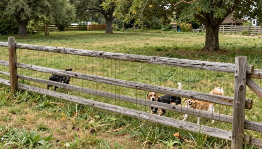 Split rail fence with wire mesh backing containing pets in rural backyard