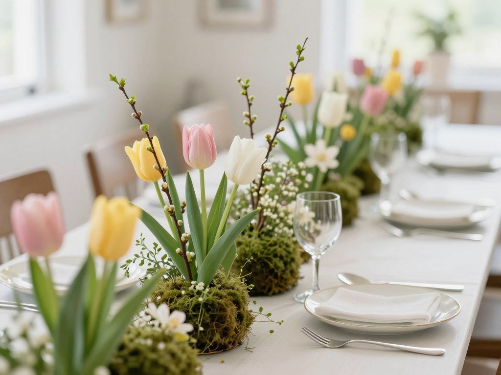 Spring centerpiece for long dining table with tulips, moss, and budding branches