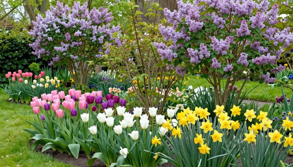 Spring cottage garden with blooming tulips, daffodils and flowering shrubs