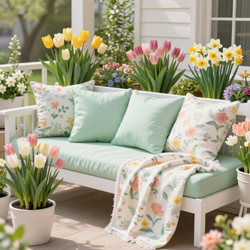 Spring patio with fresh flowers and pastel accents