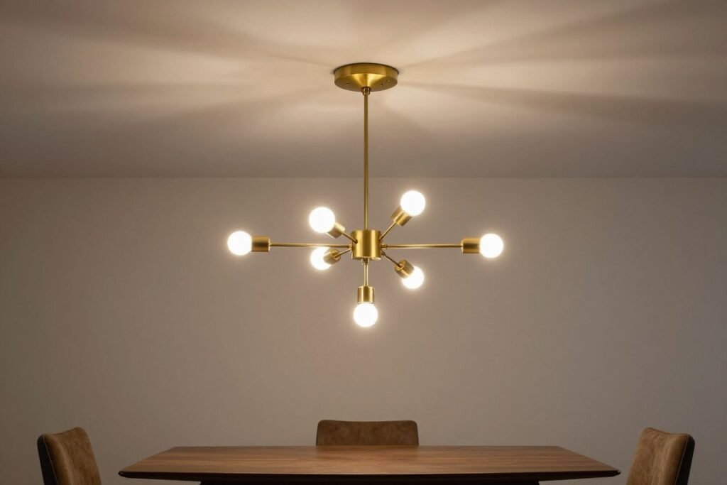Sputnik chandelier hanging over a mid century modern dining table