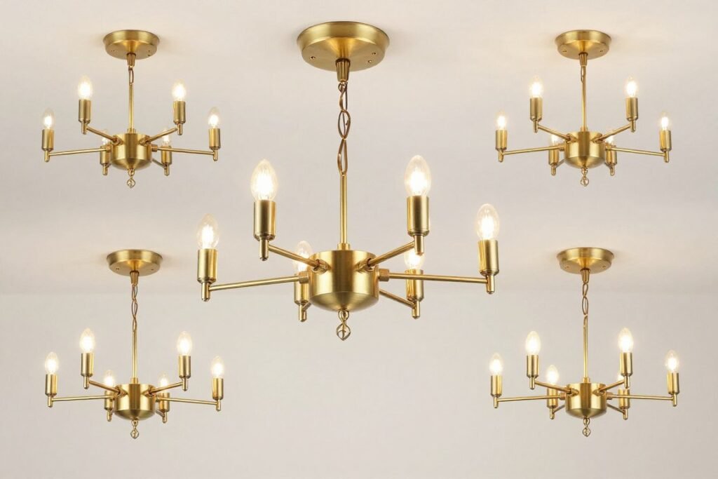 Sputnik chandelier with multiple arms and brass finish