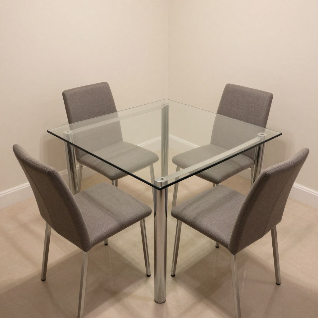 Square glass dining table in a compact apartment dining area