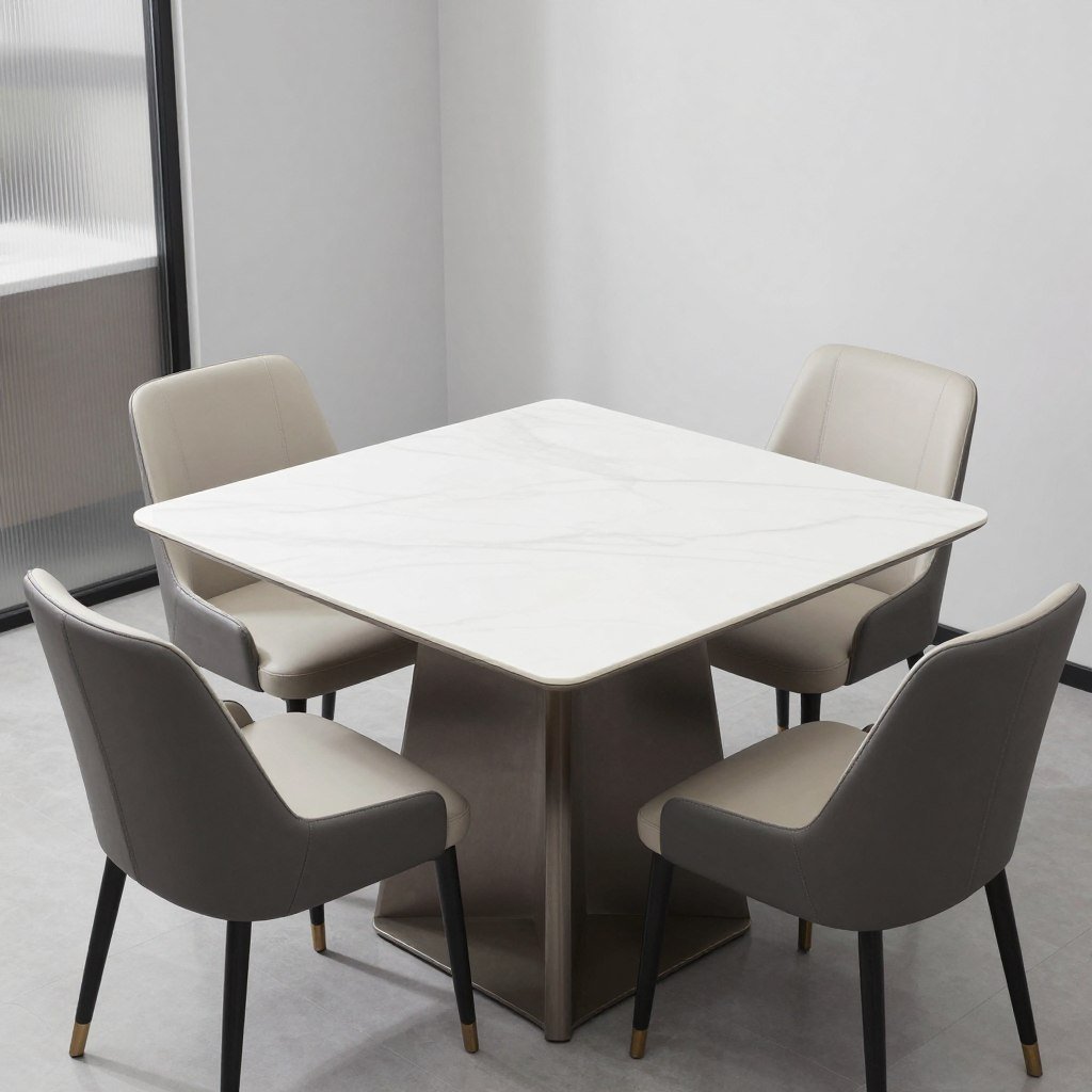 Square marble dining table in a modern dining space