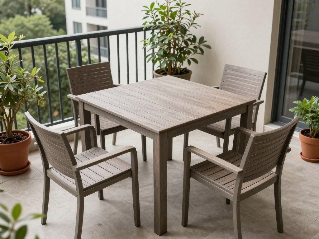 Square outdoor dining table on a small balcony