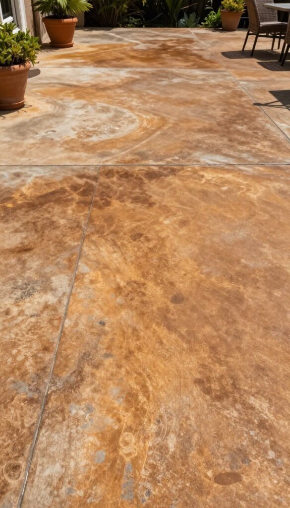 Stained concrete patio with warm earth tones resembling natural stone