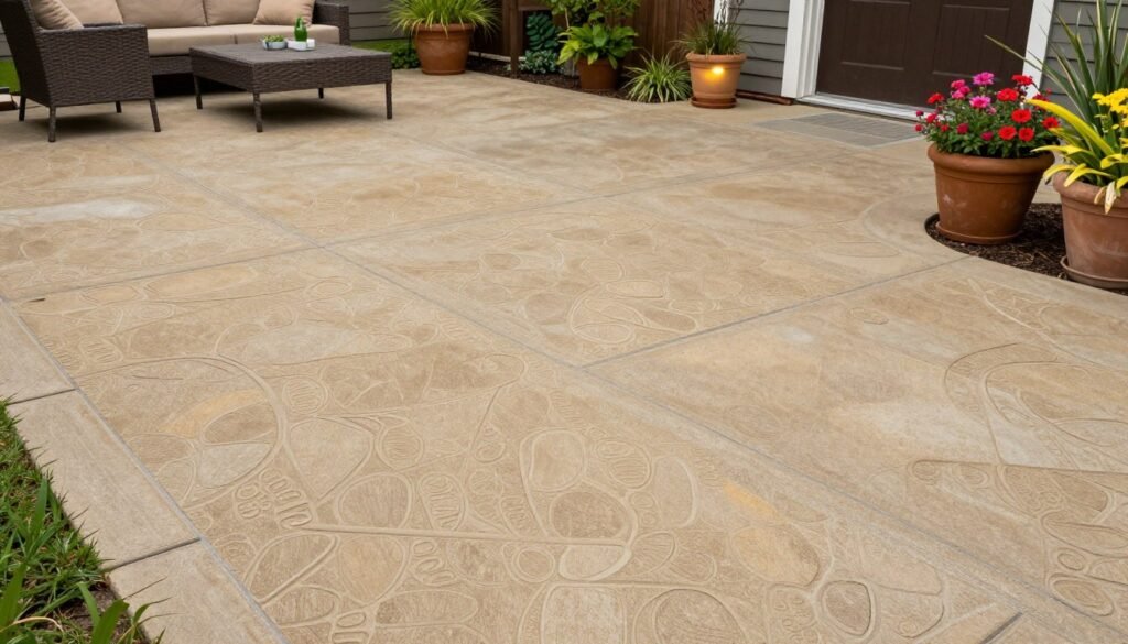 Stamped concrete patio with a natural stone pattern, comfortable outdoor furniture, and container gardens adding color and texture