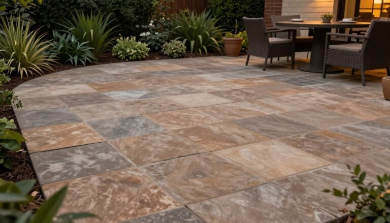 Stamped concrete patio with ashlar slate pattern in warm earth tones surrounded by lush landscaping