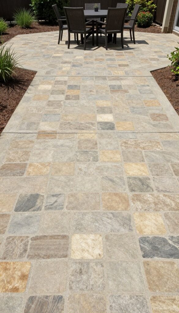 Stamped concrete patio with cobblestone pattern and outdoor dining set
