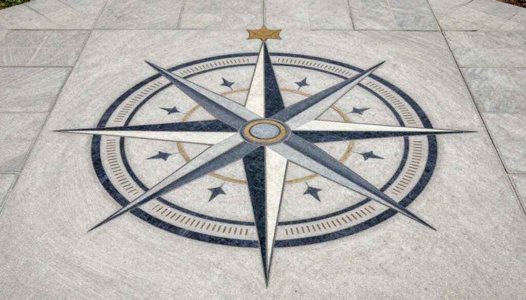 Stamped concrete patio with decorative compass medallion as focal point Stamped concrete patio with decorative compass medallion as focal point