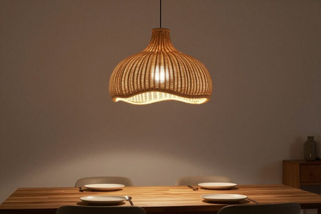 Statement pendant light above an organic modern dining table