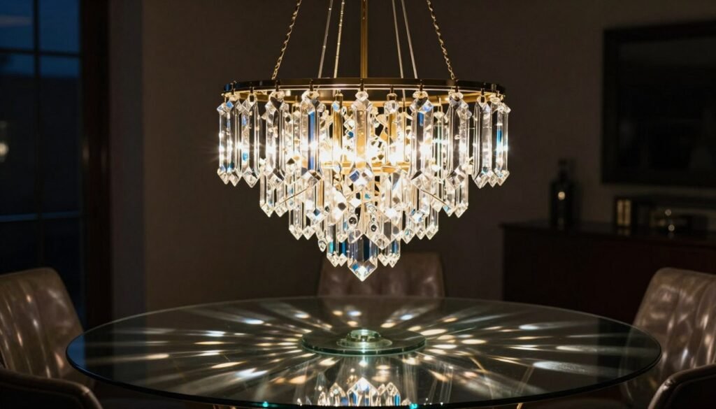 Statement pendant light above glass dining table creating beautiful reflections