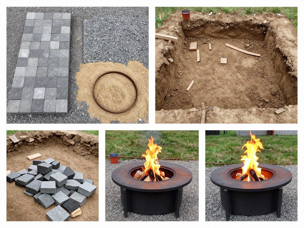 Step-by-step DIY fire pit construction showing materials and process for building a simple stone fire pit