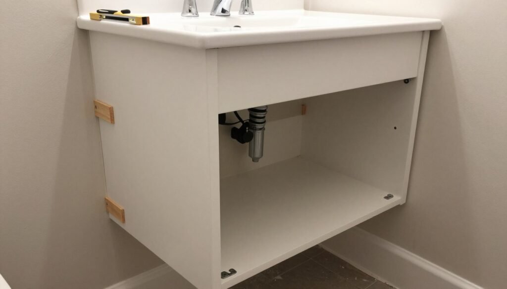 Step-by-step bathroom vanity installation showing wall preparation and mounting