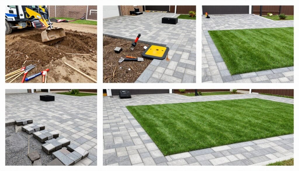 Step-by-step installation process of turf and pavers in a backyard