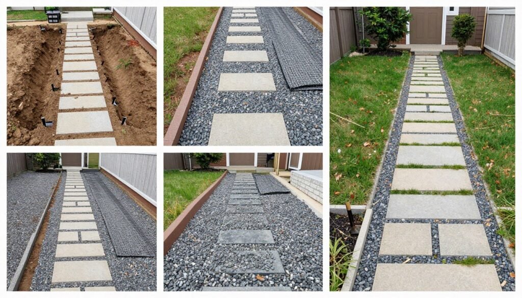 Step-by-step process of installing a gravel and stepping stone pathway Step-by-step process of installing a gravel and stepping stone pathway